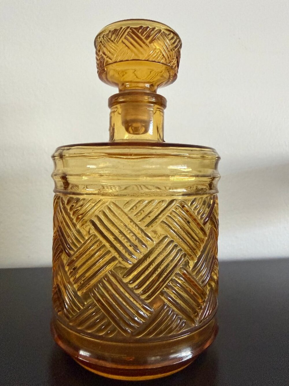 Vintage MCM Amber Glass Decanter, Honey Amber Basketweave Bottle Bar Cart Decor